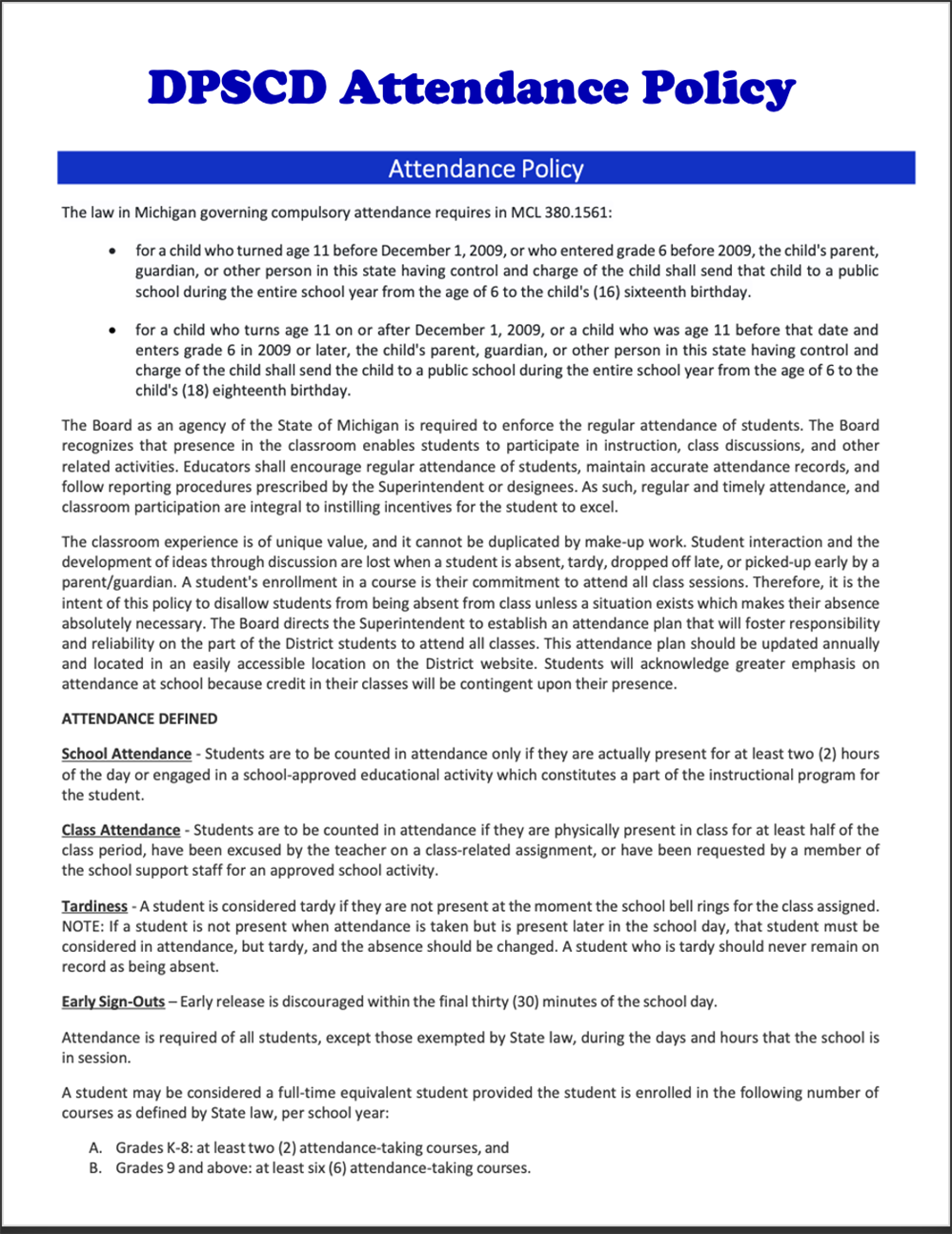 district attendance policy on white page with a blue banner